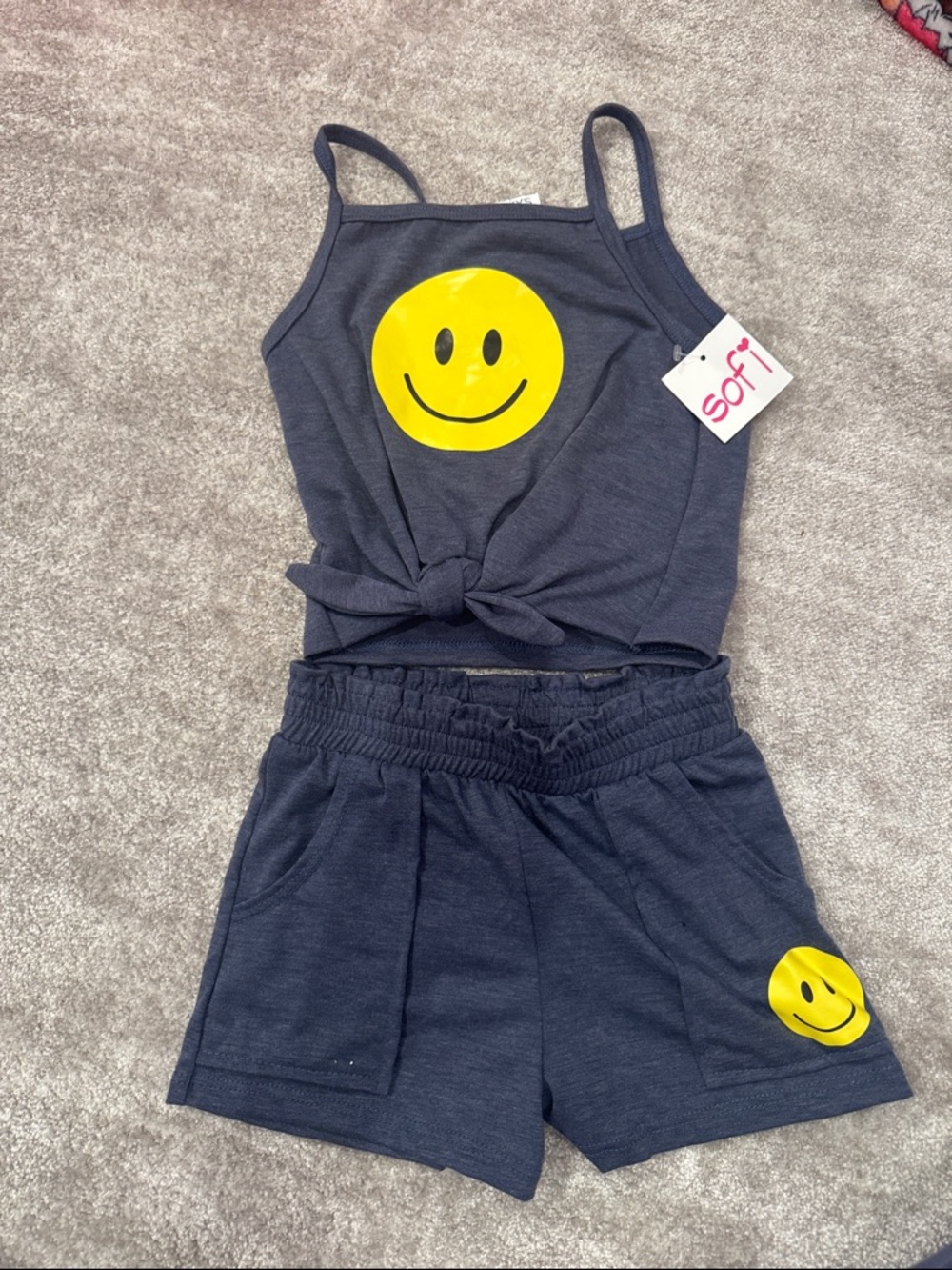 Navy Smiley Tank & Shorts Set with Yellow Graphic